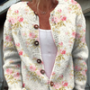 Fresh Pink Flowers and Green Leaves Print Buttoned Cardigan Sweater