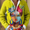 Oil Painting Freda Portrait Art Printed Buttoned Cardigan Sweater