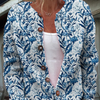 Elegant Blue And White Floral Pattern Print Buttoned Cardigan Sweater