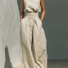 Aurora | Relaxed Beige Sleeveless Wide-Leg Co-Ord Set