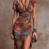 Martina | Midi Pleated Dress with V-Neck, Abstract Art Print in Bohemian Style