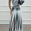 Shiloh - Elegant Striped Wedding Guest Maxi Dress with One Shoulder
